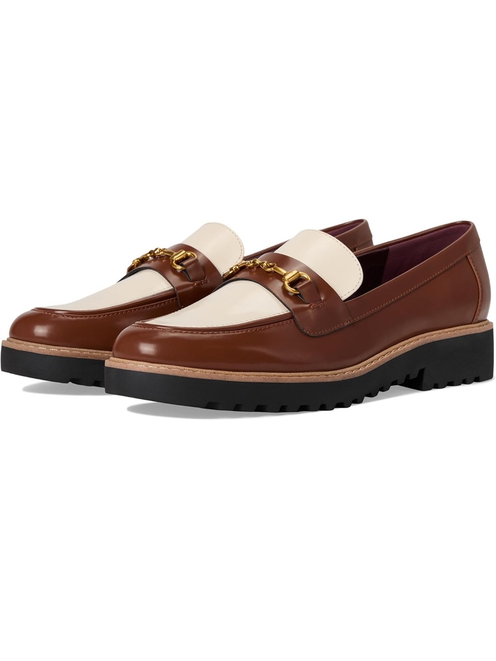 Two-Tone Brown and Cream Leather Loafers with Gold Hardware